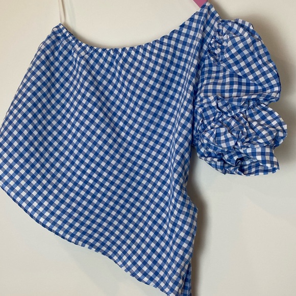 EEUC ROMWE One Shoulder Puff Sleeve Gingham Top - Picture 9 of 13